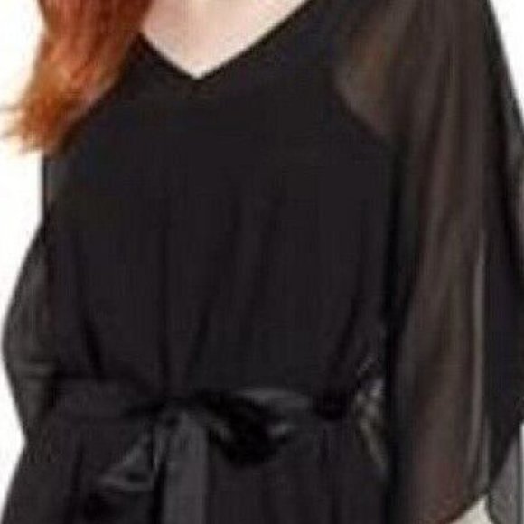 NWT Eileen Fisher Black Sheer Silk Georgette V-Neck Caftan Dress - Picture 3 of 10